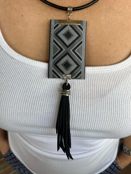 Modern Black Geometric Pendant Necklace with Tassel - Picture 2 of 2